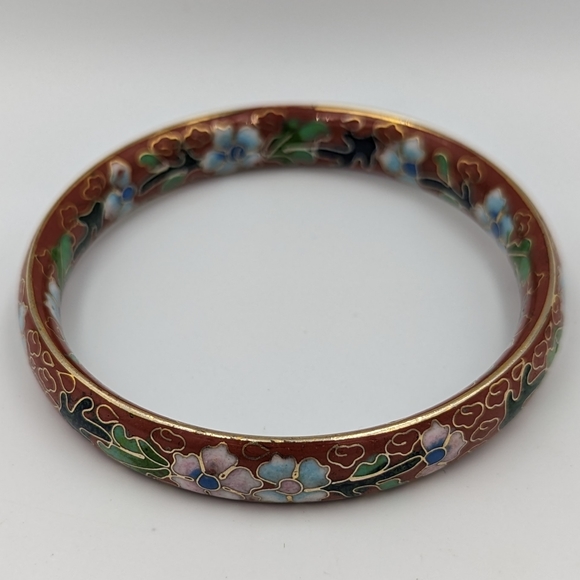 Floral Vintage Cloisonné Costume Bracelet Bangle Red with Flowers - Picture 4 of 11
